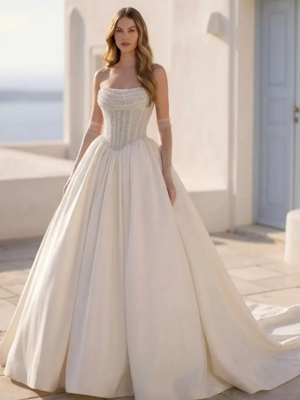 Model wearing a Morilee Blu dress
